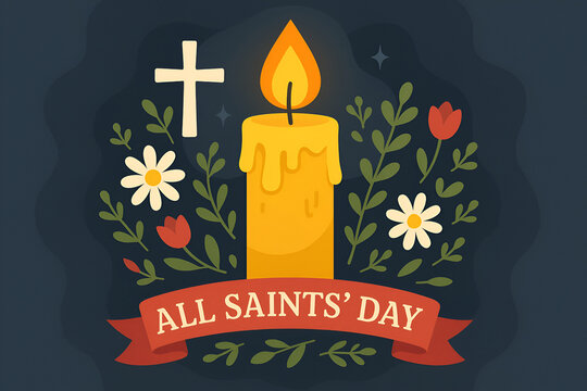 Religious All Saints Day celebration banner design with glowing yellow candle holy cross and autumn flowers