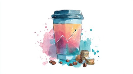 A colorful illustration of a coffee cup with a financial graph and coins, symbolizing the blend of coffee culture and economic growth.