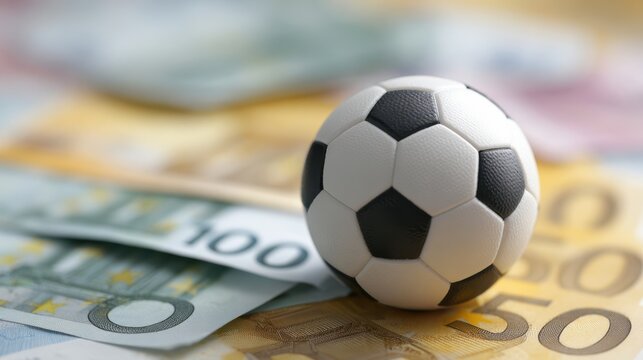 Soccer ball resting on a pile of euro banknotes, symbolizing the financial aspects of sports and the connection between money and athletics - Powered by Adobe