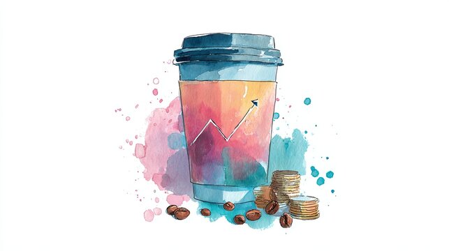 A colorful illustration of a coffee cup with a financial graph and coins, symbolizing the blend of coffee culture and economic growth.