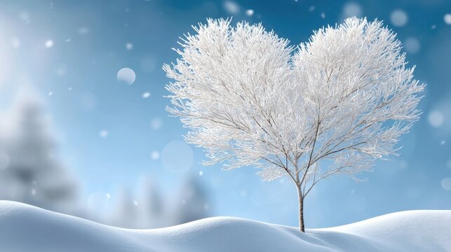 Heart-shaped tree covered in snow stands against a soft blue background, creating a serene winter landscape, evoking feelings of love and tranquility in nature