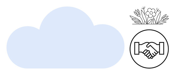 Cloud concept. Cloud symbol alongside floral design and handshake icon teamwork, collaboration, and nature connection. Cloud for digital, teamwork, technology, environment, growth