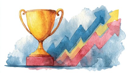 A vibrant watercolor illustration of a golden trophy next to ascending graphs, symbolizing achievement and growth.