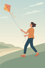 Child flying a kite on a hill