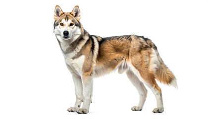Siberian husky standing alert looking forward on a plain white backdrop