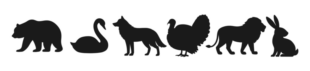 animal silhouettes set with lion bear and rabbit