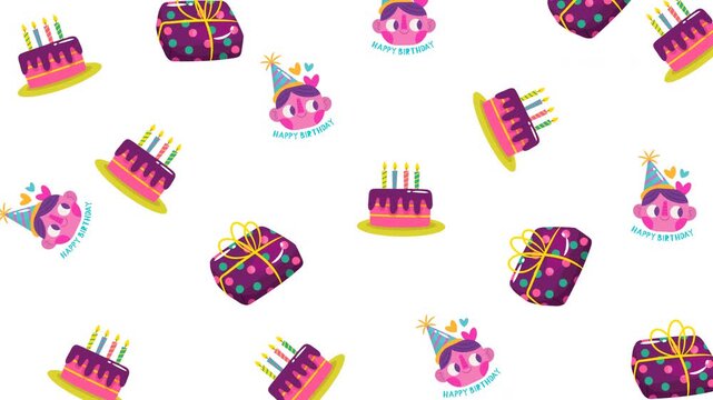 A bright and playful birthday seamless pattern featuring cakes, gifts, and party characters. Perfect for wrapping paper, party decorations, kids&rsquo; designs, backgrounds, and festive projects.