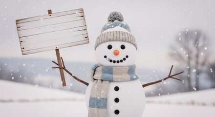 A cheerful snowman in a hat and scarf holds a blank wooden sign amidst falling snow
