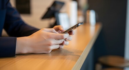 Close-up of a person's hands holding and using a smartphone while sitting at a wooden counter in a modern cafe or workspace