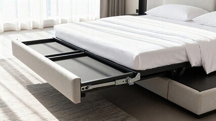 Fototapeta premium Modern Bedroom Interior Adjustable Smart Bed Mechanism Minimal Soft 4K Home AI 