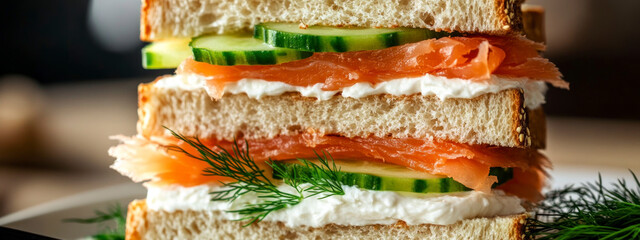 Elegant smoked salmon sandwich with cucumber and cream cheese. Concept of Nordic cuisine, balance and refined simplicity. banner 