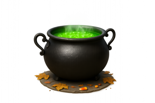 Halloween witch cauldron bubbling with green potion and smoke sitting on dry autumn leaves