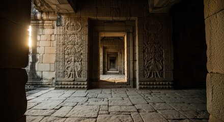 Obraz premium A long, sunlit ancient stone corridor with repetitive doorways and intricate carvings