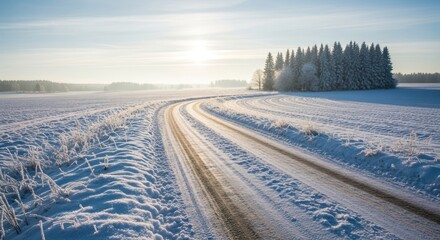 A sunlit winding snowy road with tire tracks through frosty fields towards a forest