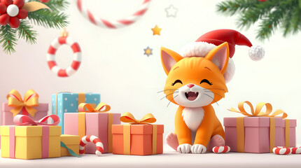 Fototapeta premium Joyful orange cat wearing a Santa hat, surrounded by colorful gift boxes and festive decorations, celebrating Christmas holidays