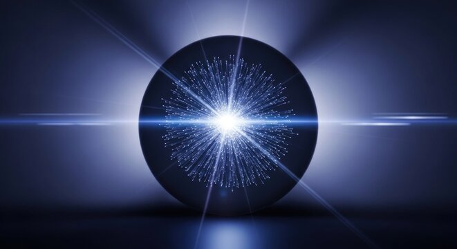 Abstract dark sphere with glowing core, radiating particles, and intense light flares