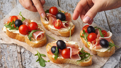 Photorealistic bruschetta with prosciutto cherry tomatoes olives and arugula on rustic bread arranged on parchment paper