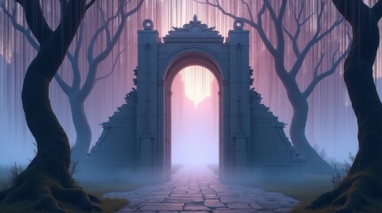 Mysterious ancient stone archway in a foggy forest at dawn