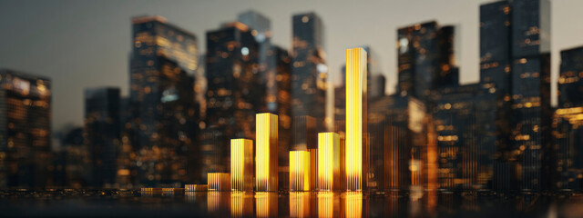 Golden data bars rising over futuristic city skyline, representing digital finance, growth, analytics, and innovation concept. banner 