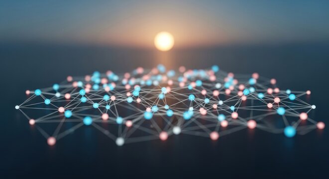 Abstract network of interconnected blue and pink spheres under a glowing sun
