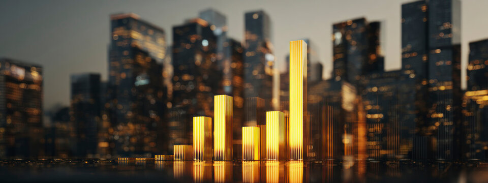 Golden data bars rising over futuristic city skyline, representing digital finance, growth, analytics, and innovation concept. banner 