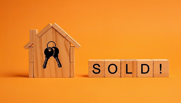 Home ownership success wooden house, keys, and sold message.