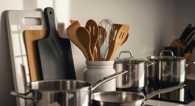 Assortment of cutting boards, wooden utensils, and stainless steel pots on a bright kitchen counter