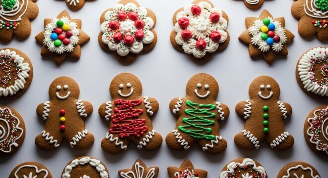 Assortment of cheerfully decorated gingerbread cookies, including men and festive shapes - Powered by Adobe