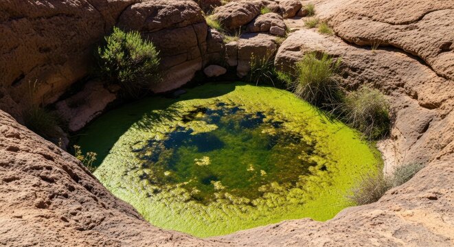Algae-covered green water pool in a rocky desert landscape with sparse vegetation