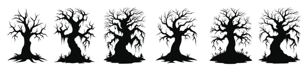 Set of Spooky haunted trees with ominous faces and creepy roots isolated on a white background. Concept of Halloween, horror, haunted forest, evil nature. Print, art, illustration. Clip art