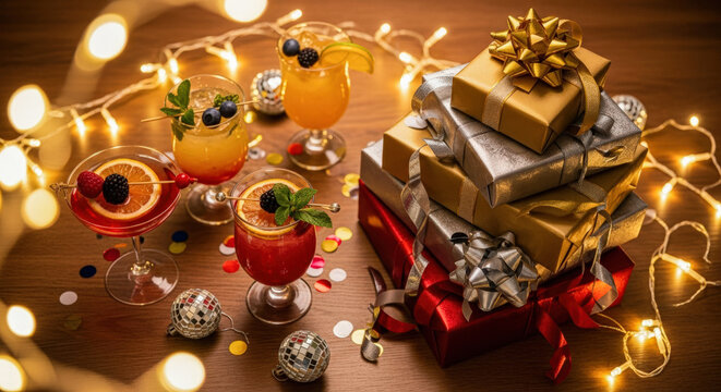 Festive Celebration: Colorful cocktails, gift boxes, and twinkling fairy lights create a joyous holiday atmosphere.
