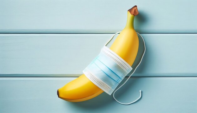 Yellow ripe banana wearing a white medical mask