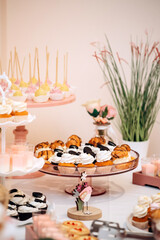 Candy bar of different cookies, candy and sweets at party