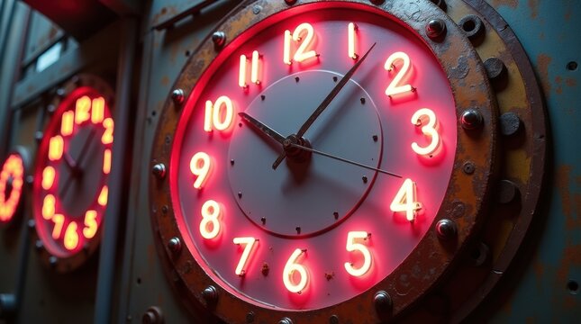 Close up of a vintage clock with glowing red neon numbers