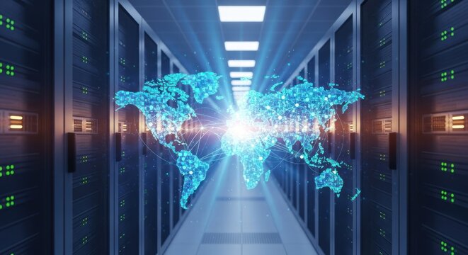 Blue glowing world map with network connections in a long server data center hall