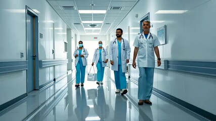 Medical team of doctors and nurses walking confidently through a bright hospital corridor with professional uniforms and essential healthcare equipment - Powered by Adobe