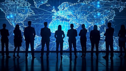 Silhouetted business team standing before a glowing digital world map with global network connections creating a collaborative international setting - Powered by Adobe