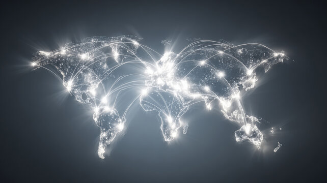 Global network concept map, connecting different cities across the world, illustrating communication and transportation networks. The image depicts the interconnectedness of modern civilization