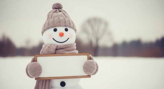 Cheerful snowman in knitted hat, scarf, and mittens holds a blank wooden sign in snowy field