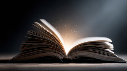 Fototapeta premium An open book glows brightly, with light emanating from the pages