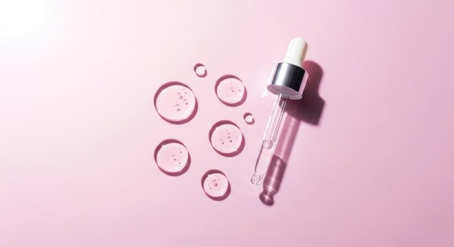 Clear liquid drops and an eyedropper on a vibrant pink background, skincare concept - Powered by Adobe
