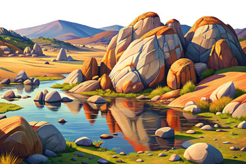 Wichita Mountains Oklahoma Granite boulders scattered across grassy plains with small lakes and rounded hills © Evan