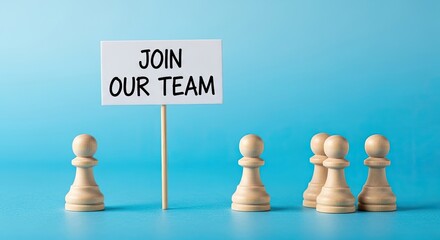 Join our team concept with chess pawns on a vibrant blue surface