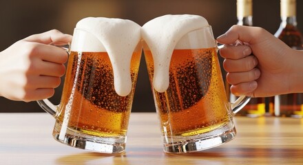 Close-up of two hands toasting with overflowing mugs of golden frothy beer
