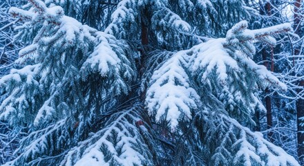 Close-up of snow-covered evergreen tree branches in a serene, cold winter forest