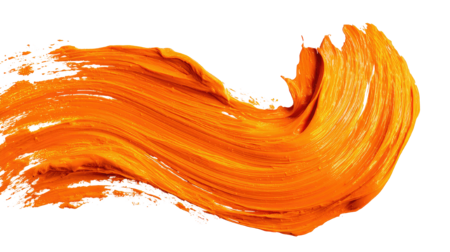 Energetic orange paint splashes with vivid liquid movement and detailed flowing texture creating dynamic artistic expression isolated on white background

