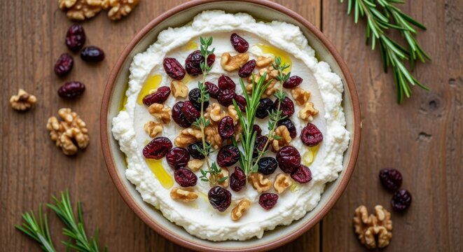 Creamy white dip with dried cranberries, walnuts, rosemary, olive oil on rustic wood