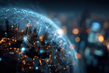 Globe cityscape with abstract shake and futuristic network design illustrating a connected urban landscape at night