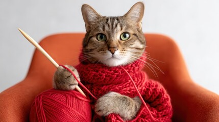 Cat wrapped in a cozy red scarf, holding knitting needles, sitting on an orange chair, surrounded by yarn, showcasing a playful and whimsical crafting scene