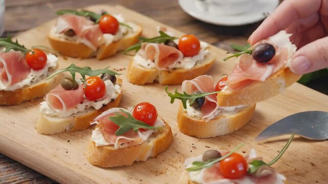 Slow cinematic shot of bruschetta with prosciutto tomatoes olives and arugula on rustic bread in warm natural light